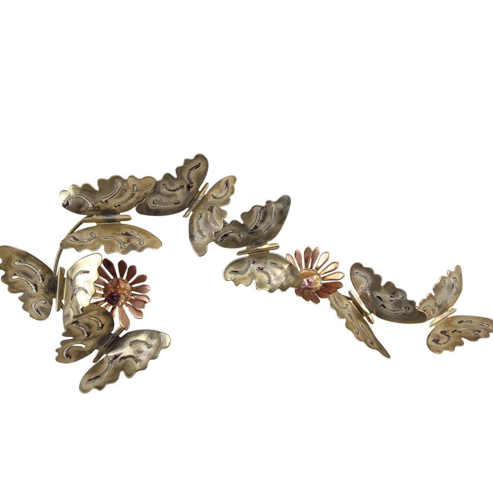 Butterfly Wall Art Brass Copper MCM Brutalist Daisy Flower 28 Inch 2 Pc Read